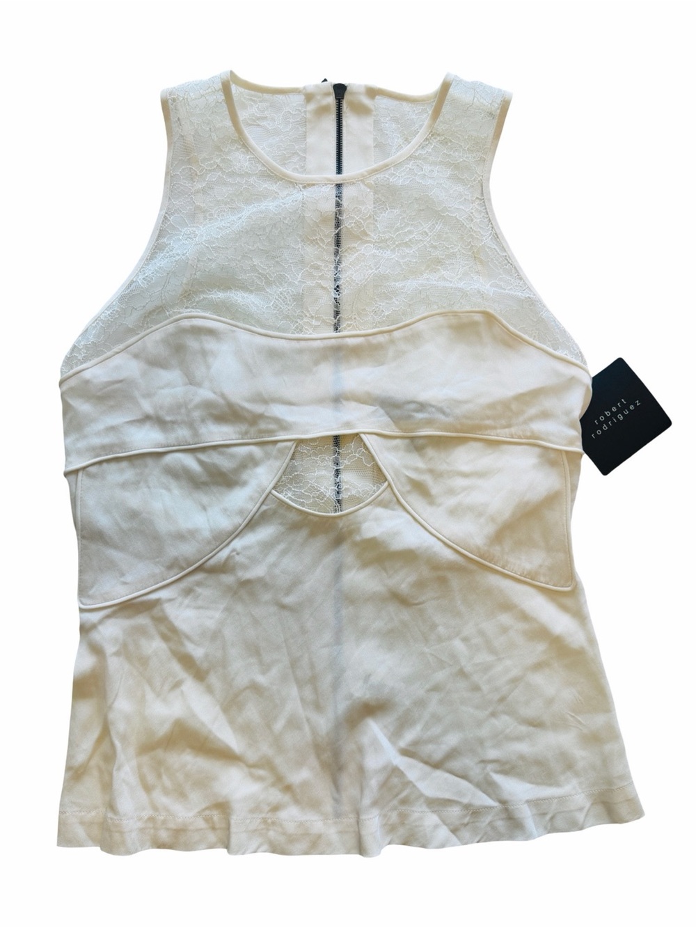 Robert Rodriguez Silk Blend Cream Lace-Panel Sleeveless Tank